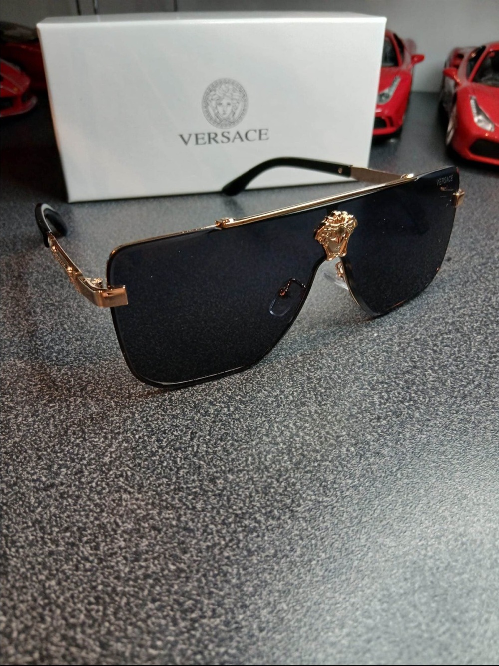 Versace Gold Trim Black Lens Medusa Shield Sunglasses